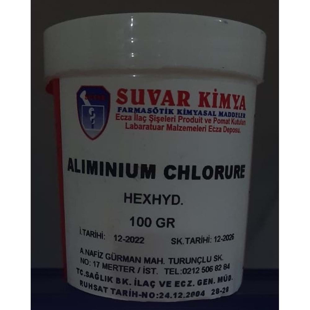 SUVAR ALIMINIUM CHLORURE HEXHYD (ALÜMİNYUM KLORÜR) 100 GR