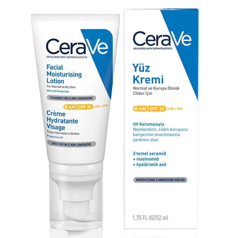 CERAVE NEMLENDİRİCİ YÜZ KREMİ ( SPF 30 & 3 TEMEL SERAMİD & NİASİNAMİD & HYALÜRONİK ASİT / 52 ML )