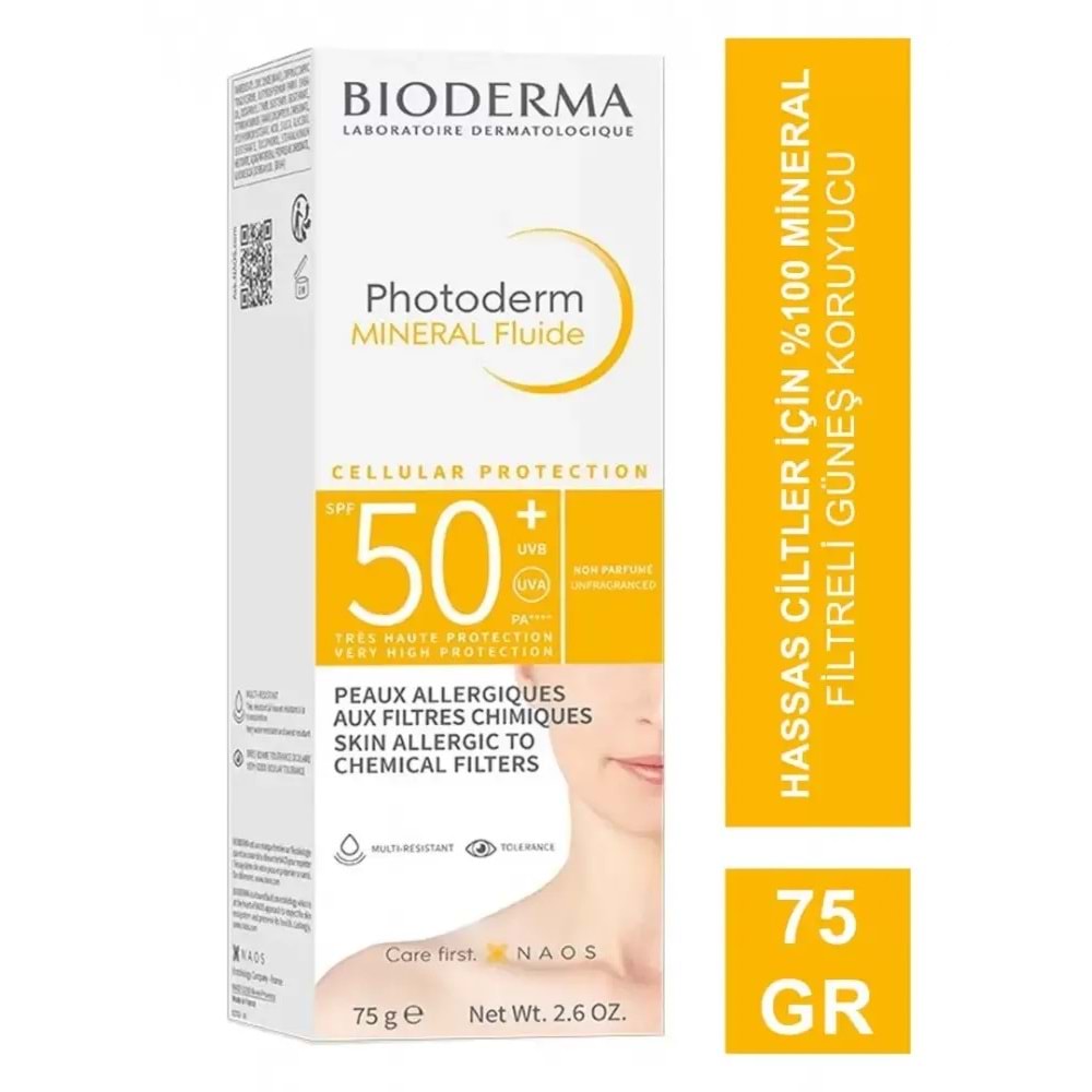 BİODERMA PHOTODERM MİNERAL FLUİDE MİNERAL FİLTRELİ GÜNEŞ KREMİ SPF50+ 75 ML ( HASSAS CİLTLER İÇİN )