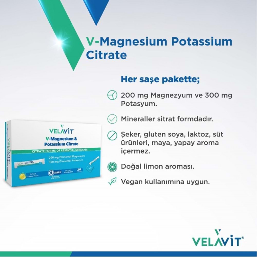 VELAVİT V-MAGNESİUM & POTASSİUM CİTRATE 20 SAŞE