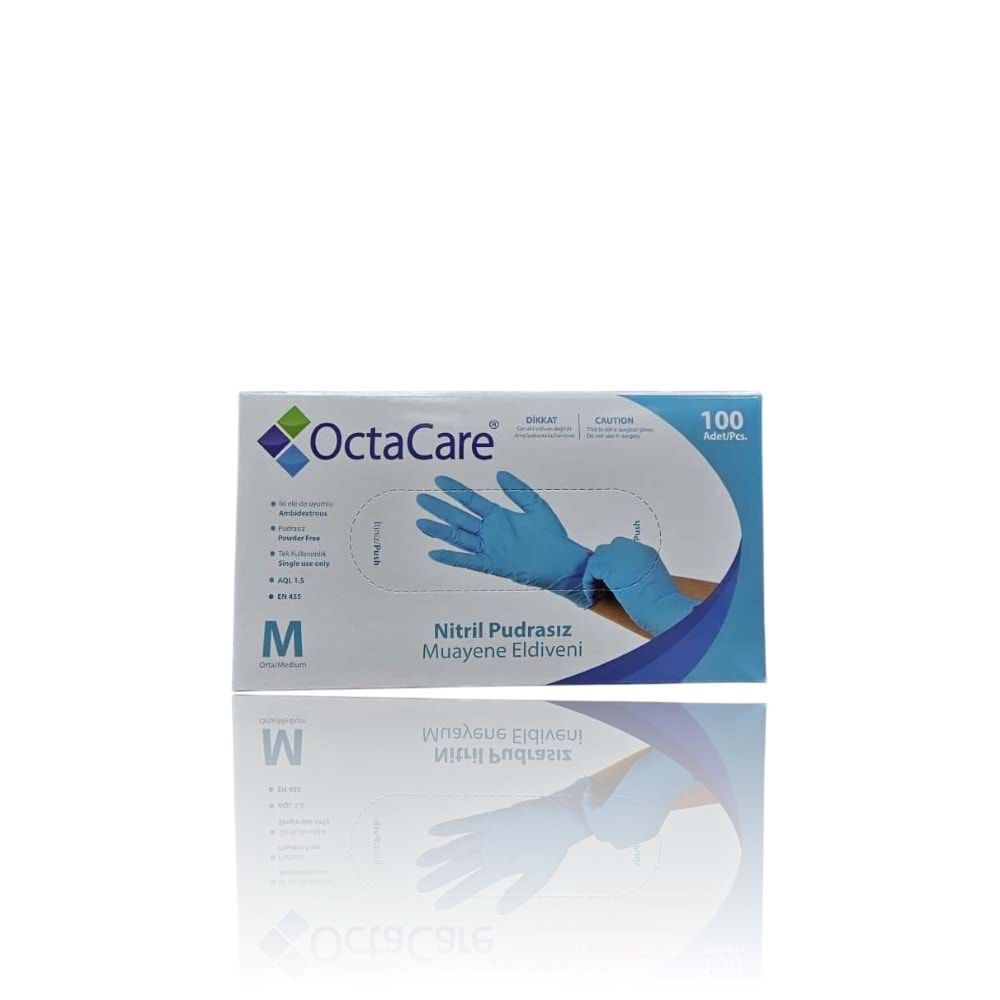 OCTACARE MAVİ NİTRİL PUDRASIZ MUAYENE ELDİVENİ ( MEDIUM / 100 ADET )