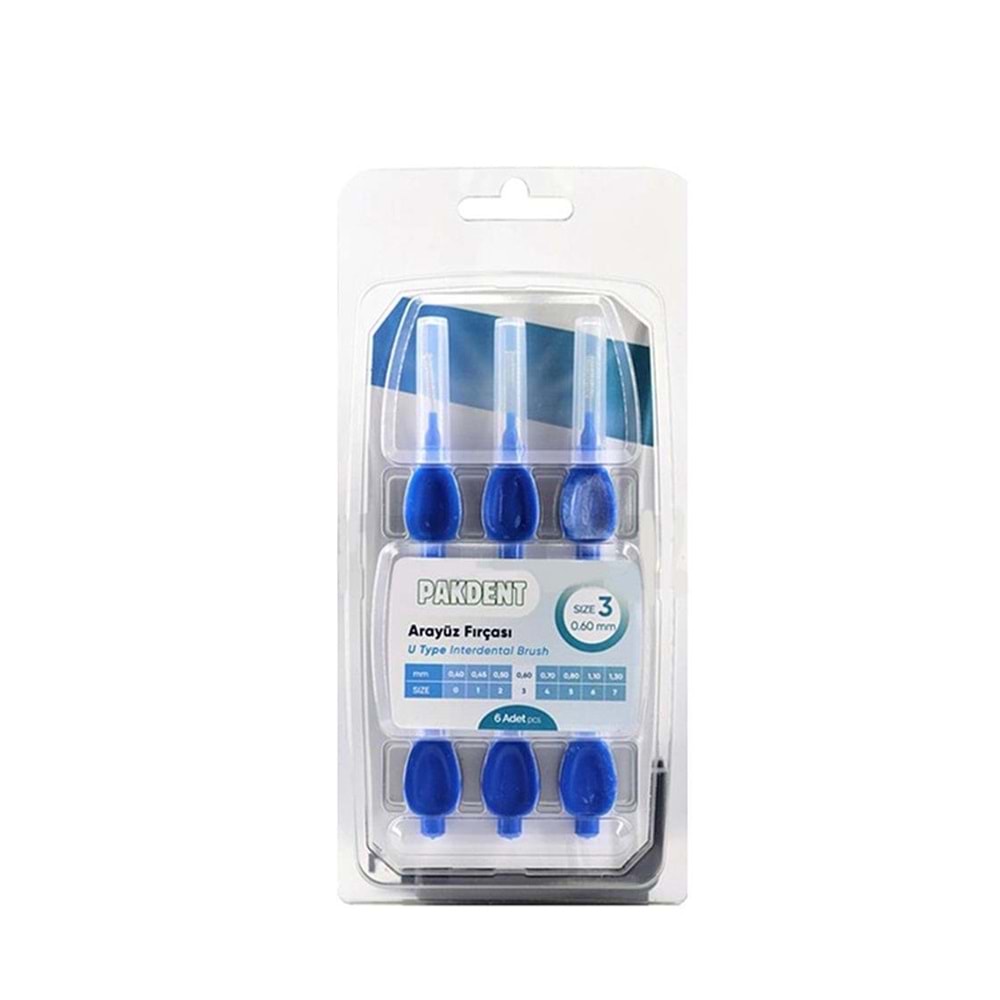 PAKDENT ARA YÜZ FIRÇASI 0,60 MM 6 LI PAKET NO : 3 ( U TİPİ / MAVİ )