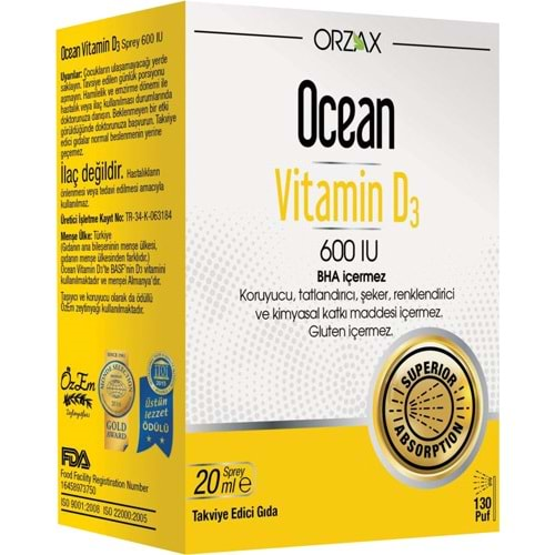 ORZAX OCEAN VİTAMİN D3 600 IU 20 ML SPREY