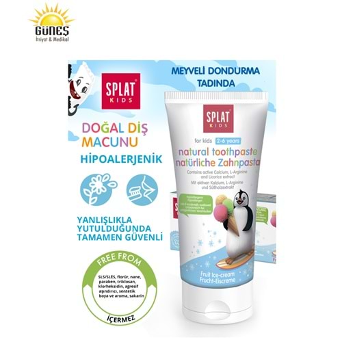 SPLAT KİDS 2-6 YAŞ DOĞAL DİŞ MACUNU 50 ML ( MEYVELİ DONDURMA TADINDA )