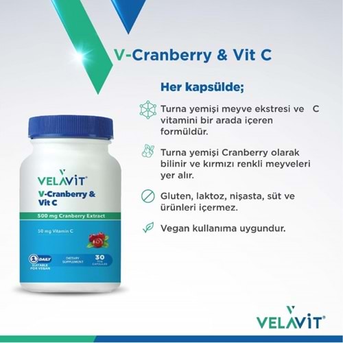 VELAVİT V-CRANBERRY & VİTAMİN C 30 KAPSÜL