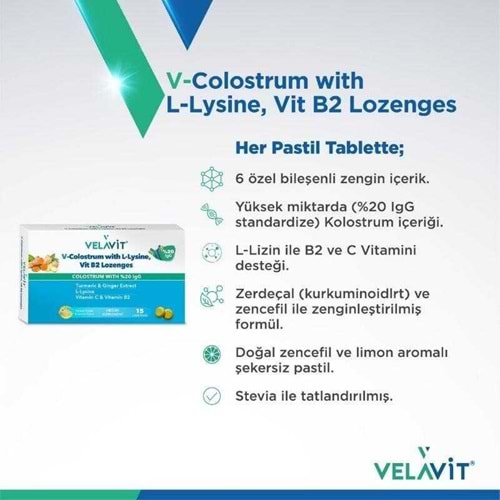 VELAVİT V-COLOSTRUM WİTH L-LYSİNE, VİT. B2 LOZENGES 15 PASTİL
