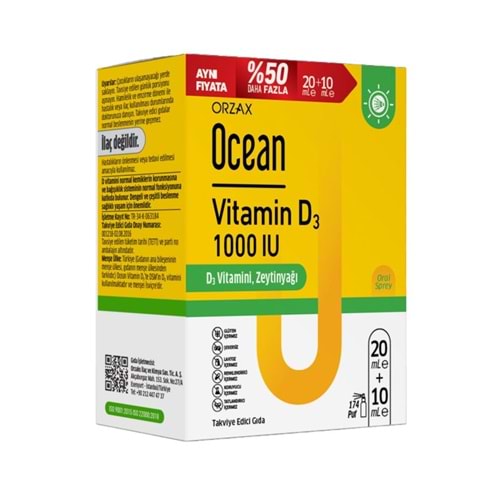ORZAX OCEAN VİTAMİN D3 1000 IU 20 ML + 10 ML ( AYNI FİYATA % 50 DAHA FAZLA )