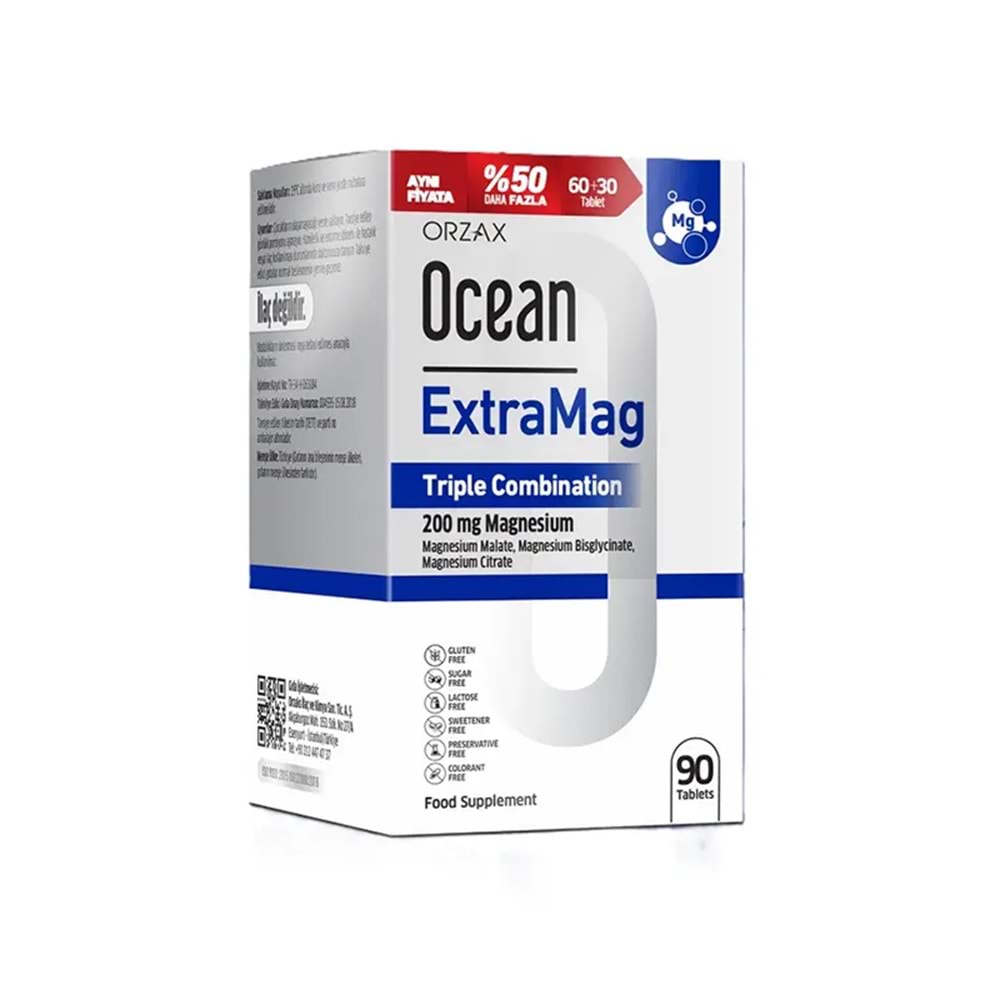 ORZAX OCEAN EXTRAMAG MAGNEZYUM 90 TABLET % 50 DAHA FAZLA ( MAG.MALAT & MAG. BİSGLİSİNAT & MAG. SİTRAT )