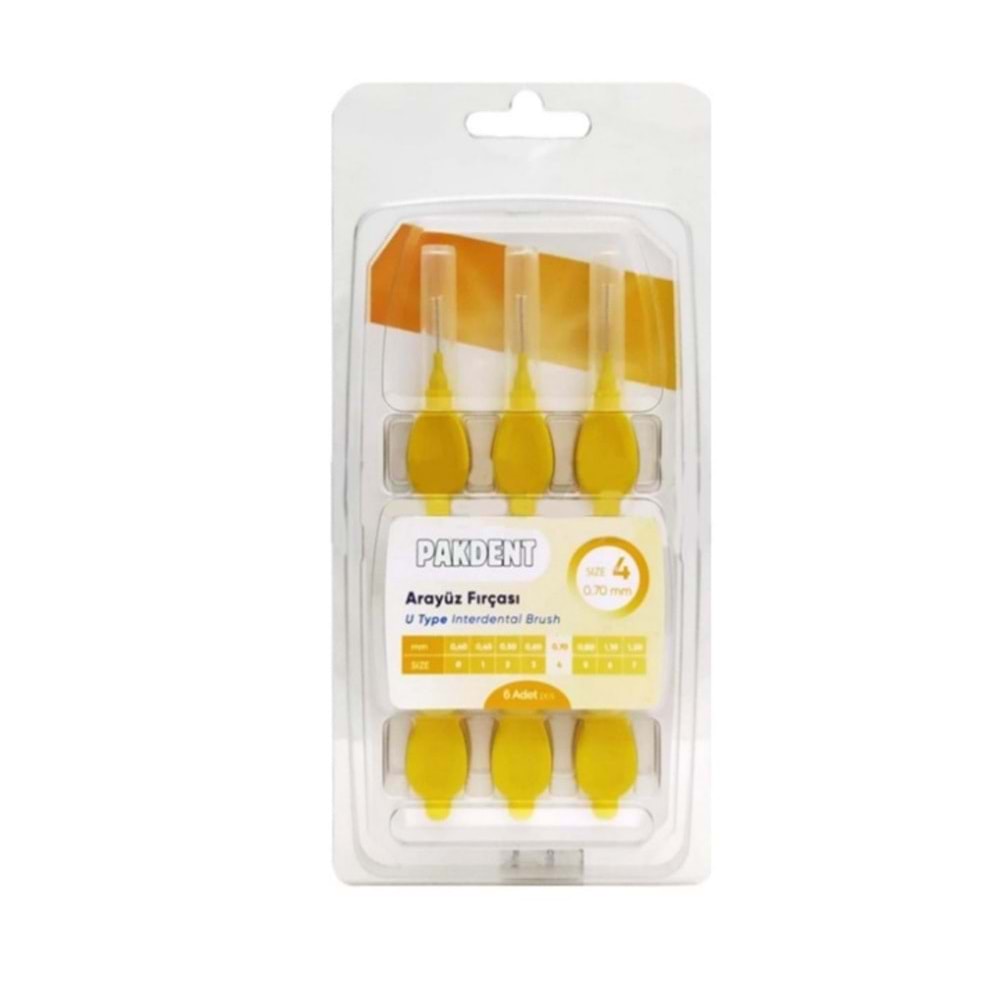 PAKDENT ARA YÜZ FIRÇASI 0,70 MM 6 LI PAKET NO : 4 ( U TİPİ / SARI )