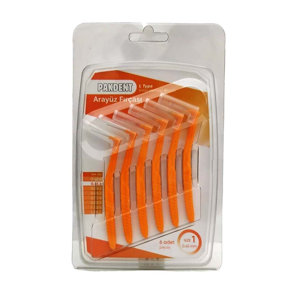 PAKDENT ARA YÜZ FIRÇASI 0,45 MM 6 LI PAKET NO : 1 ( L TİPİ / TURUNCU )