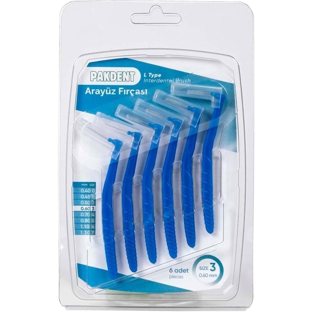 PAKDENT ARA YÜZ FIRÇASI 0,60 MM 6 LI PAKET NO : 3 ( L TİPİ / MAVİ )
